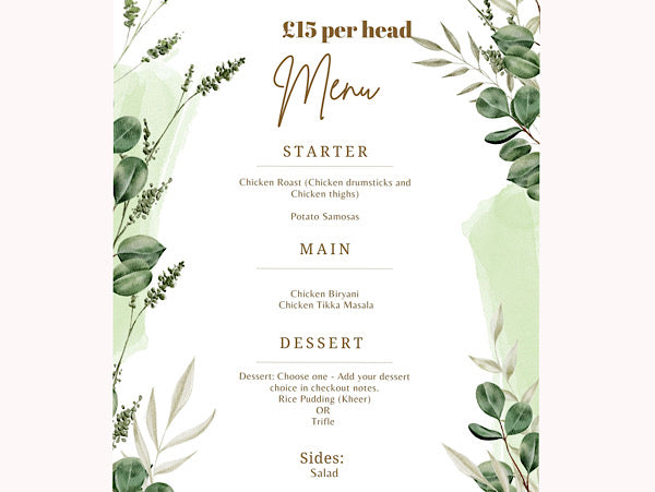 Menu 2 - Minimum 20 people - £15 per head