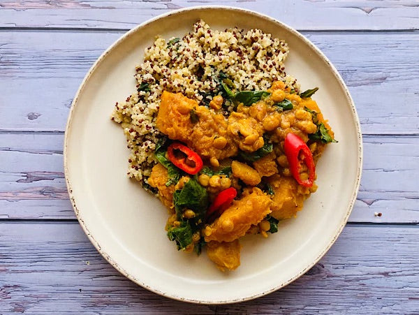 Butternut, Lentil, Spinach Curry with Quinoa - Vegan
