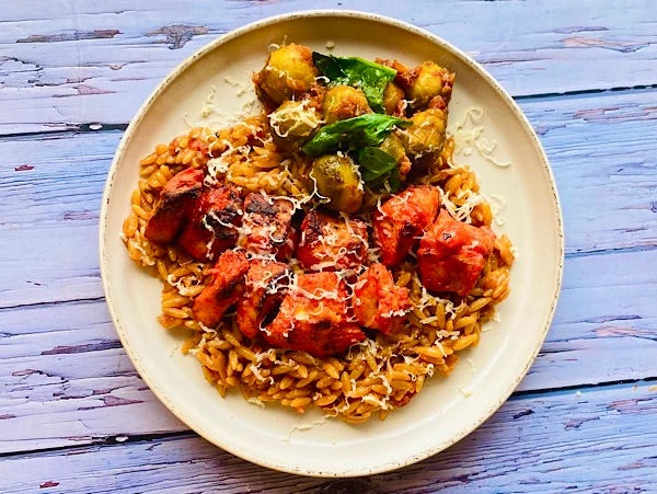Tandoori Chicken with Orzo and Cheesy Sprouts - Meal Prep