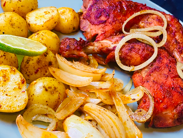 Tandoori Chicken with Herb Potatoes and Sauteed Onions